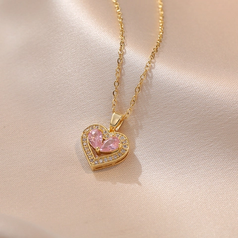 Heart Pendant Necklace Titanium Steel Gold Plated Pink White Zircon Elegant Fashion Jewelry For Women