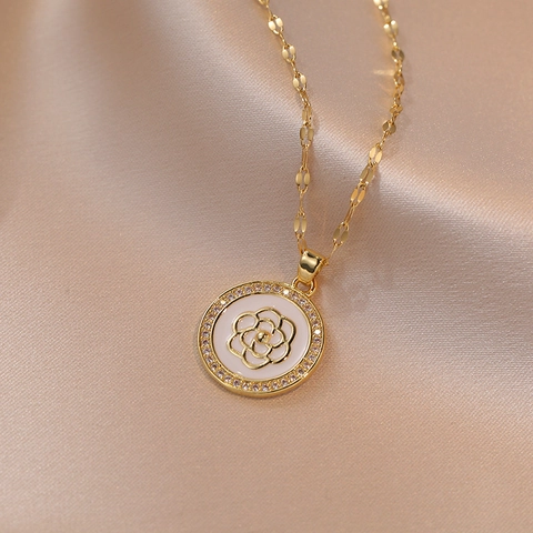 Collana Con Pendente Fiore Di Camelia Acciaio Al Titanio Con Zircone Smalto Gioielli Eleganti Per Donna