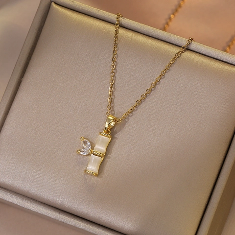 Collana Con Ciondolo A Nodo Di Bambù Vintage Acciaio Al Titanio Con Foglia Di Zircone E Pietra Occhio Di Gatto Per Donna