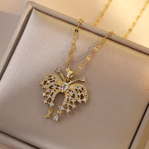 Butterfly Pendant Necklace Titanium Steel Cubic Zirconia Micro Pave Hollow Dainty Chain Aesthetic Jewelry For Women