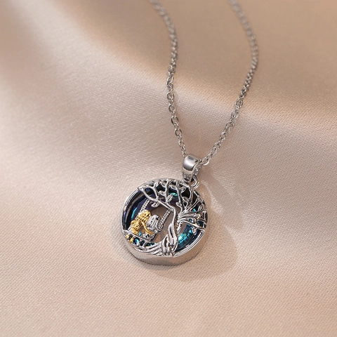 Titanium Steel Tree Of Life Pendant Necklace For Women Hollow Little Girl Swing Blue Crystal Gemstone Inlaid Fresh Sweet Jewelry Elegant Gift