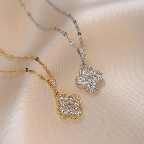 Collana Con Pendente Quadrifoglio In Acciaio Inossidabile Zirconia Cubica Fiore Gioielli Di Moda Per Donna
