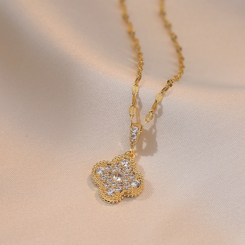 Collana Con Pendente Quadrifoglio In Acciaio Inossidabile Zirconia Cubica Fiore Gioielli Di Moda Per Donna