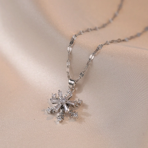 Collana Con Pendente Fiocco Di Neve Rotante Acciaio Al Titanio Zircone Scintillante Fiore Gioielli Eleganti Donna