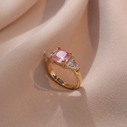 Fashion Pink Square Zircon Jewelry Titanium Steel Gold Plated Necklace Earrings Ring For Women Light Luxury Trendy