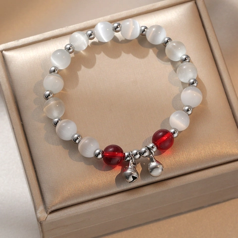 Pulsera De Cuentas De Piedra Ojo De Gato Con Colgantes De Campana Plateados Joyería De Moda Para Mujer