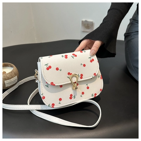 Dames Kersendruk PU Leer Crossbodytas Mode Zoete Bloemen Zadeltas Met Gouden Slot Kleine Vierkante Schoudertas