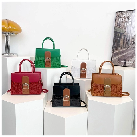 Sac à Main de Mode en Cuir PU pour Femmes Motif Crocodile Patchwork Sac en Bandoulière avec Boucle en D Dorée pour le Travail Quotidien