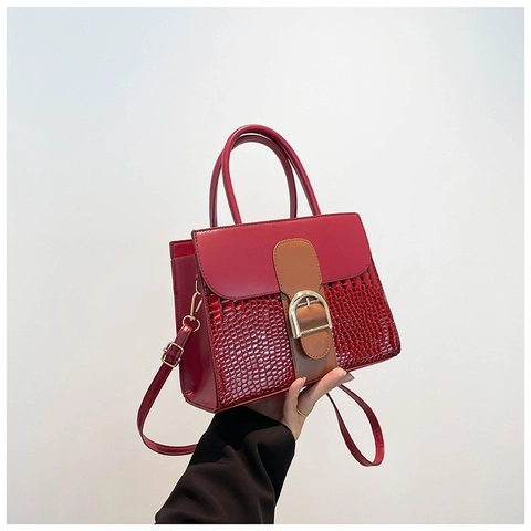 Sac à Main de Mode en Cuir PU pour Femmes Motif Crocodile Patchwork Sac en Bandoulière avec Boucle en D Dorée pour le Travail Quotidien