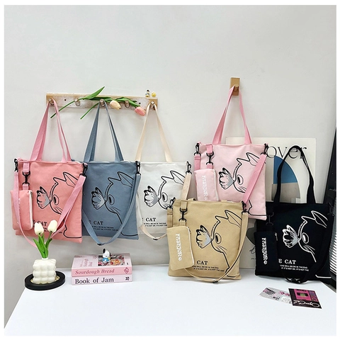 Borsa Tote In Tela E Mini Pochette Grande Capacità Illustrazione Gatto Farfalla Borsa A Spalla Casual Per Donne