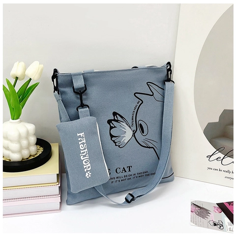 Borsa Tote In Tela E Mini Pochette Grande Capacità Illustrazione Gatto Farfalla Borsa A Spalla Casual Per Donne