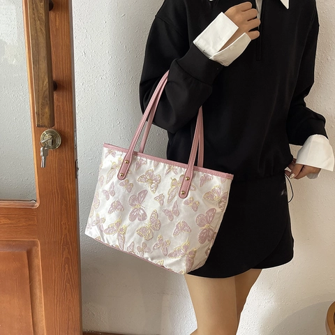 Borsa Tote Capiente Con Ricamo A Farfalla Tessuto Tela Pelle PU Borsa A Spalla Da Donna Retrò Elegante Pendolare