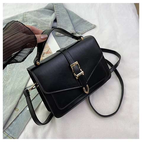 Women PU Leather Small Square Crossbody Bag With Top Handle Gold Buckle Retro Fashion Adjustable Shoulder Strap