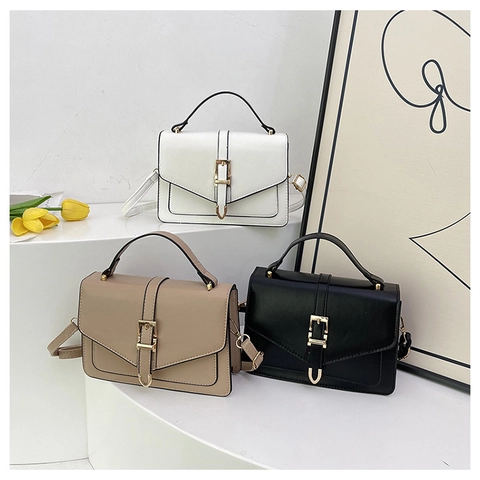 Women PU Leather Small Square Crossbody Bag With Top Handle Gold Buckle Retro Fashion Adjustable Shoulder Strap