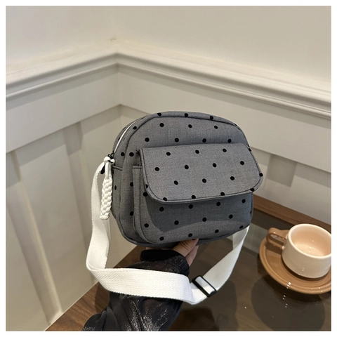 Women Canvas Crossbody Bag Heart Polka Dot Print Adjustable Wide Strap Casual Shoulder Bag Zipper Daily Messenger Bag