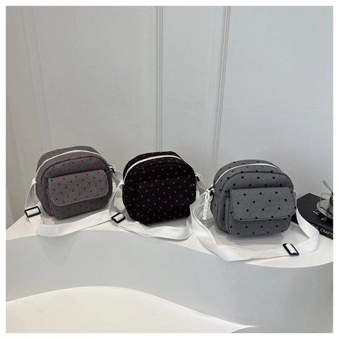 Women Canvas Crossbody Bag Heart Polka Dot Print Adjustable Wide Strap Casual Shoulder Bag Zipper Daily Messenger Bag
