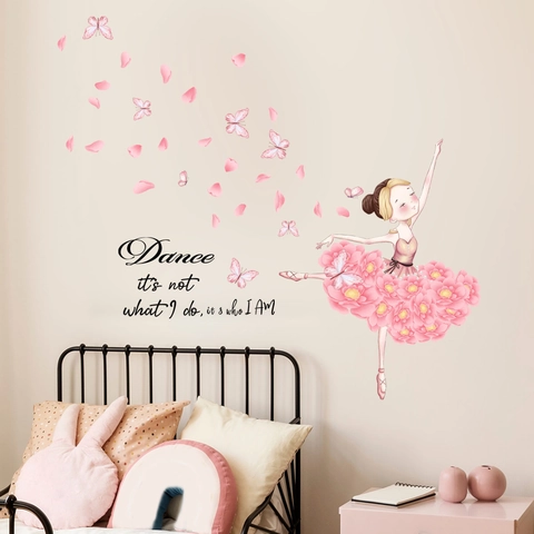 Ballet Girl Wall Sticker With Pink Flower Petals Butterflies Inspirational Quote DIY PVC Removable Decal For Kids Room Decor