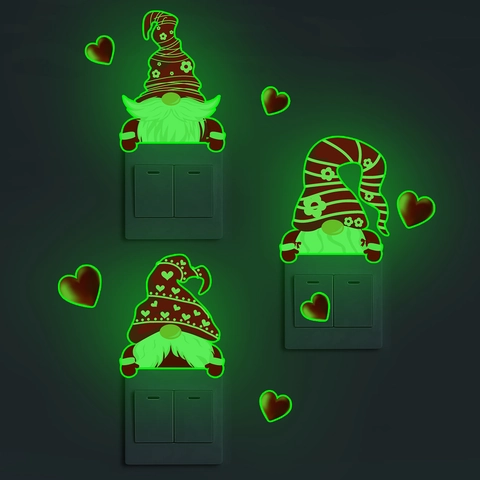 Pegatinas de Pared de Gnomo Luminoso PVC Calcomanías de Interruptor que Brillan en la Oscuridad con Patrón de Corazón