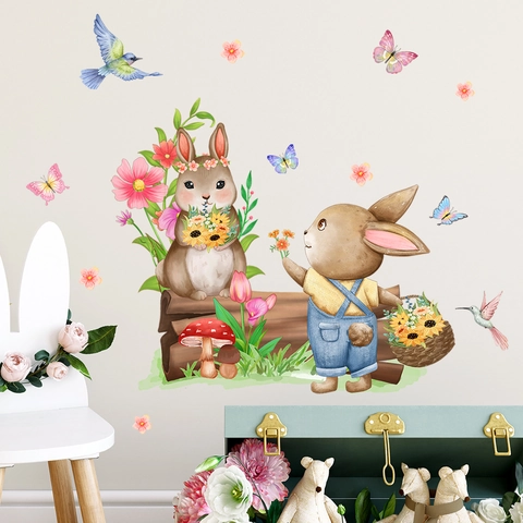 Pegatina de Pared de Conejo de Dibujos Animados de Acuarela PVC Flor Mariposa Hongo Calcomanía Para Dormitorio Infantil