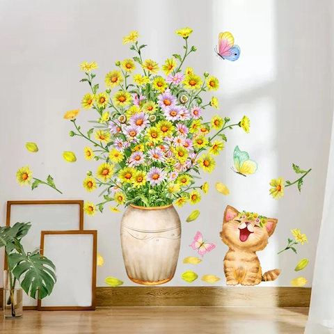 Watercolor Yellow Daisy Flower Cat Wall Sticker Self-Adhesive PVC Decal For Living Room Bedroom Cozy Home Decor DIY Wall Stickers
