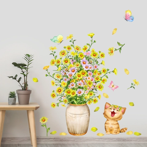 Watercolor Yellow Daisy Flower Cat Wall Sticker Self-Adhesive PVC Decal For Living Room Bedroom Cozy Home Decor DIY Wall Stickers