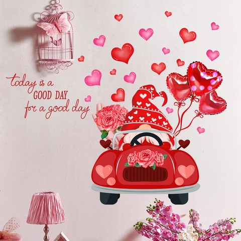Valentijnsdag Gnoom Rijdt Auto Hart Ballon PVC Muursticker Verwijderbare Romantische Roos Bloem Muursticker Voor Slaapkamer Decor