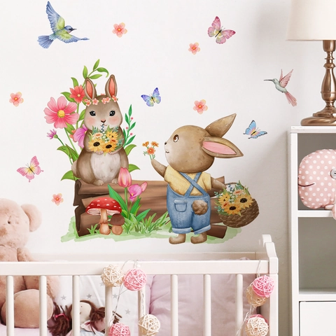 Pegatina de Pared de Conejo de Dibujos Animados de Acuarela PVC Flor Mariposa Hongo Calcomanía Para Dormitorio Infantil