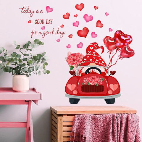 Valentijnsdag Gnoom Rijdt Auto Hart Ballon PVC Muursticker Verwijderbare Romantische Roos Bloem Muursticker Voor Slaapkamer Decor