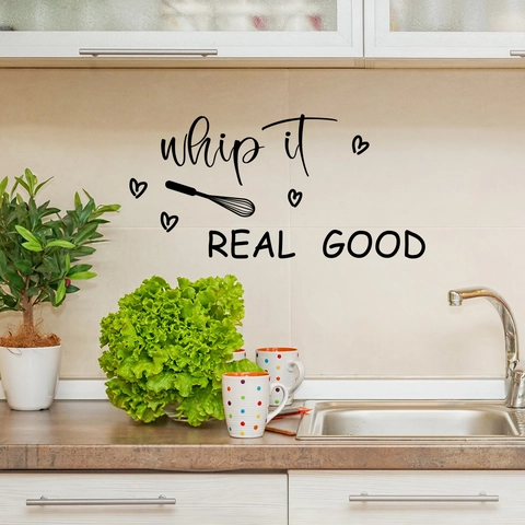 Pegatina de Pared para Cocina Whip It Real Good Removible PVC Negro Letras Artísticas Batidor Cita Calcomanía DIY Decoración