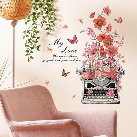 Vintage Typewriter Floral Wall Sticker PVC Self-Adhesive Butterfly Decal For Living Room Bedroom Artistic Home Decoration