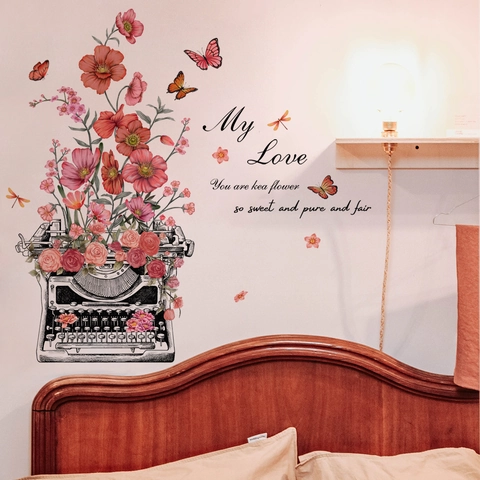 Vintage Typewriter Floral Wall Sticker PVC Self-Adhesive Butterfly Decal For Living Room Bedroom Artistic Home Decoration