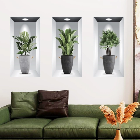 3D Visual Potted Plants Wall Stickers PVC Self-Adhesive Modern Minimalist Nordic Greenery Living Room Bedroom Wall Decor