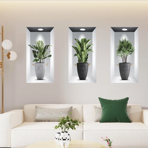 Adesivi Murali 3D Piante Verdi in Vaso PVC Autoadesivi Design Falsa Nicchia di Finestra Monstera Tropicale Casa Decor