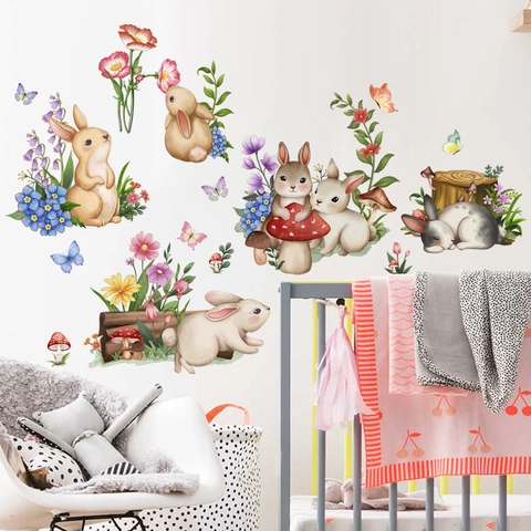 Easter Cartoon Rabbit Flower Wall Stickers Watercolor Bunny Mushroom Butterfly Self-Adhesive PVC Decals For Kids Room Decor