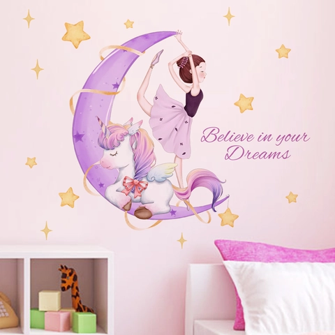 Adhesivos de Pared de Unicornio Luna Niña Bailarina de Dibujos Animados para Dormitorio Infantil PVC Autoadhesivos Decoración