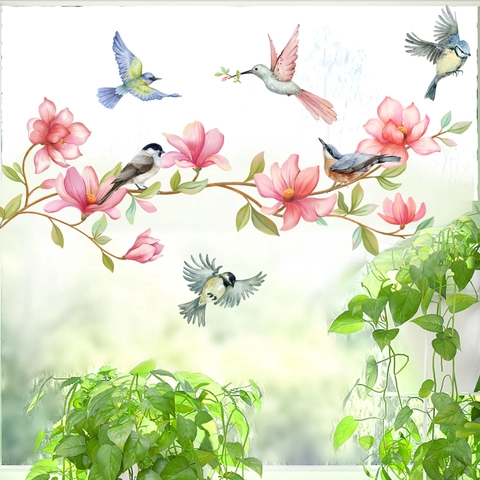 Rosa Magnolienblüte Und Bunte Vögel Statische Fenstersticker Doppelseitig Sichtbar Glasaufkleber Für Schlafzimmer Heimdeko
