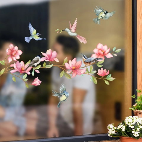 Rosa Magnolienblüte Und Bunte Vögel Statische Fenstersticker Doppelseitig Sichtbar Glasaufkleber Für Schlafzimmer Heimdeko