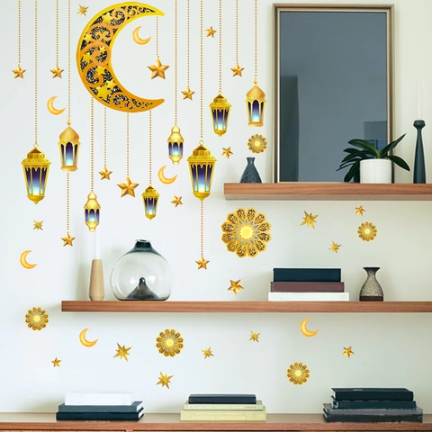 Adesivi Murali Ramadan Eid Luna Stella Lanterna Oro Pvc Autoadesivi Decorazione Casa Per Soggiorno Camera Da Letto