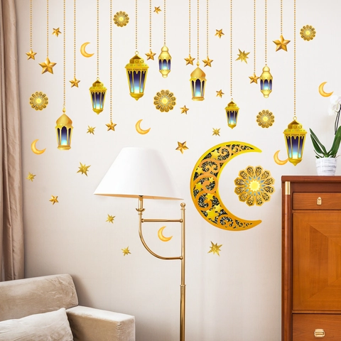 Adesivi Murali Ramadan Eid Luna Stella Lanterna Oro Pvc Autoadesivi Decorazione Casa Per Soggiorno Camera Da Letto