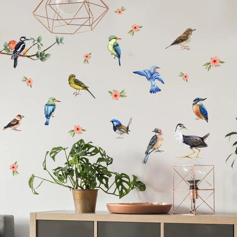 Adesivi Murali Uccelli Acquerello Rami Di Alberi Fiori PVC Impermeabile Removibile DIY Decalcomanie D'Arte Per Soggiorno Camera Bambini