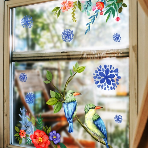 Aquarell Eisvogel Vögel Und Blumen Fensterbilder PVC Statische Dekoration Aufkleber Für Glasfenster Wohnzimmer Schlafzimmer Home Dekor