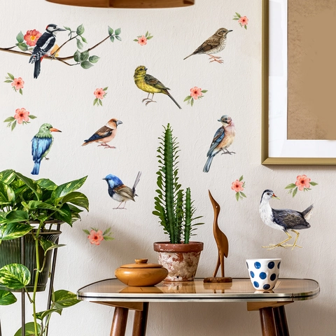 Adesivi Murali Uccelli Acquerello Rami Di Alberi Fiori PVC Impermeabile Removibile DIY Decalcomanie D'Arte Per Soggiorno Camera Bambini