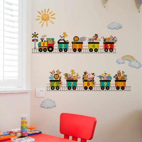 Cartoon Tier Zug Nummer Wandtattoo Für Kinderzimmer Kindergarten Abnehmbare PVC Pädagogisches Lernen Dekor Für Jungen Mädchen