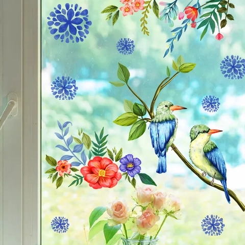 Aquarell Eisvogel Vögel Und Blumen Fensterbilder PVC Statische Dekoration Aufkleber Für Glasfenster Wohnzimmer Schlafzimmer Home Dekor