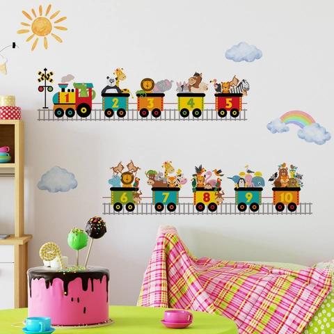 Cartoon Tier Zug Nummer Wandtattoo Für Kinderzimmer Kindergarten Abnehmbare PVC Pädagogisches Lernen Dekor Für Jungen Mädchen