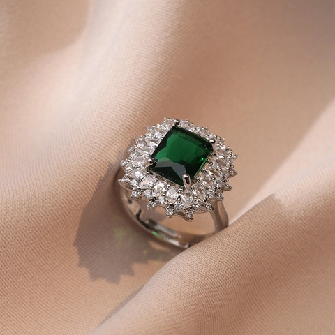 Adjustable Open Ring For Women Emerald Green Zircon Alloy Rhinestone Luxury Elegant Niche Design Jewelry Accessory