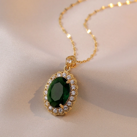 Collar con Colgante de Zirconia Ovalada de Lujo para Mujer Cadena de Acero Inoxidable Gema Verde Rosa Azul Joyería Elegante
