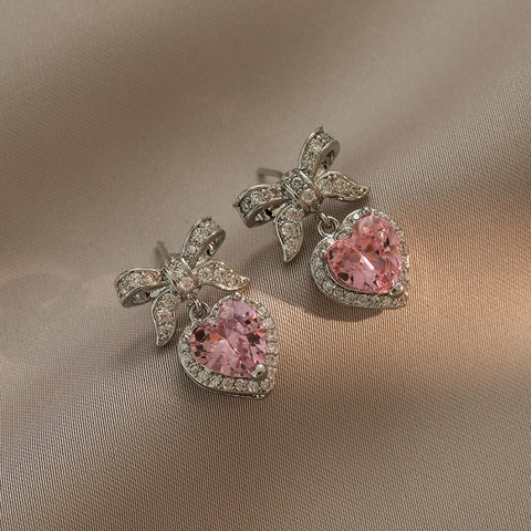 Pink Herz Zirkon Ohrstecker Mit Schleife Kupfer Material Silber Ohrringpfosten Für Frauen Mode Schmuck