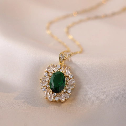 Collana Con Pendente In Zircone Verde Smeraldo Ovale Vintage Catena In Acciaio Al Titanio Gioielli Da Donna Stile Geometrico