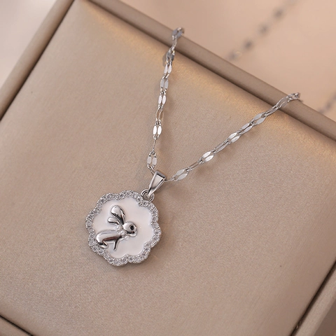 Zodiac Rabbit Pendant Necklace Titanium Steel With Zircon Rhinestone Enamel Faux Artificial Pearl Fashion Jewelry For Women